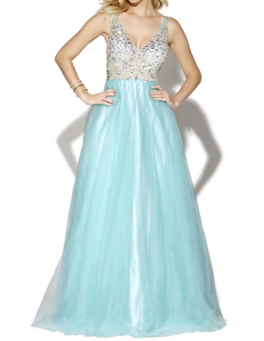 NEW JOSH & JAZZ beaded v neck tulle prom dress in sky blue